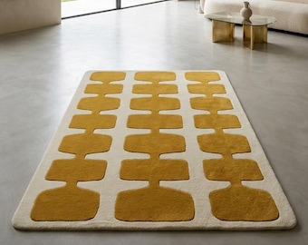 Mustard Yellow Geometric Hand Tufted Wool Area Rug | Mid Century Modern Carpet for Living Room Bedroom | Retro Minimalist Custom Size 8x10