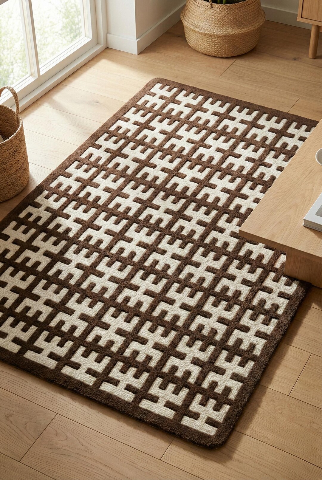 High Low Rug Hand Tufted High Low Pile Geometric Area Rug Modern Brown Ivory Carpet ...