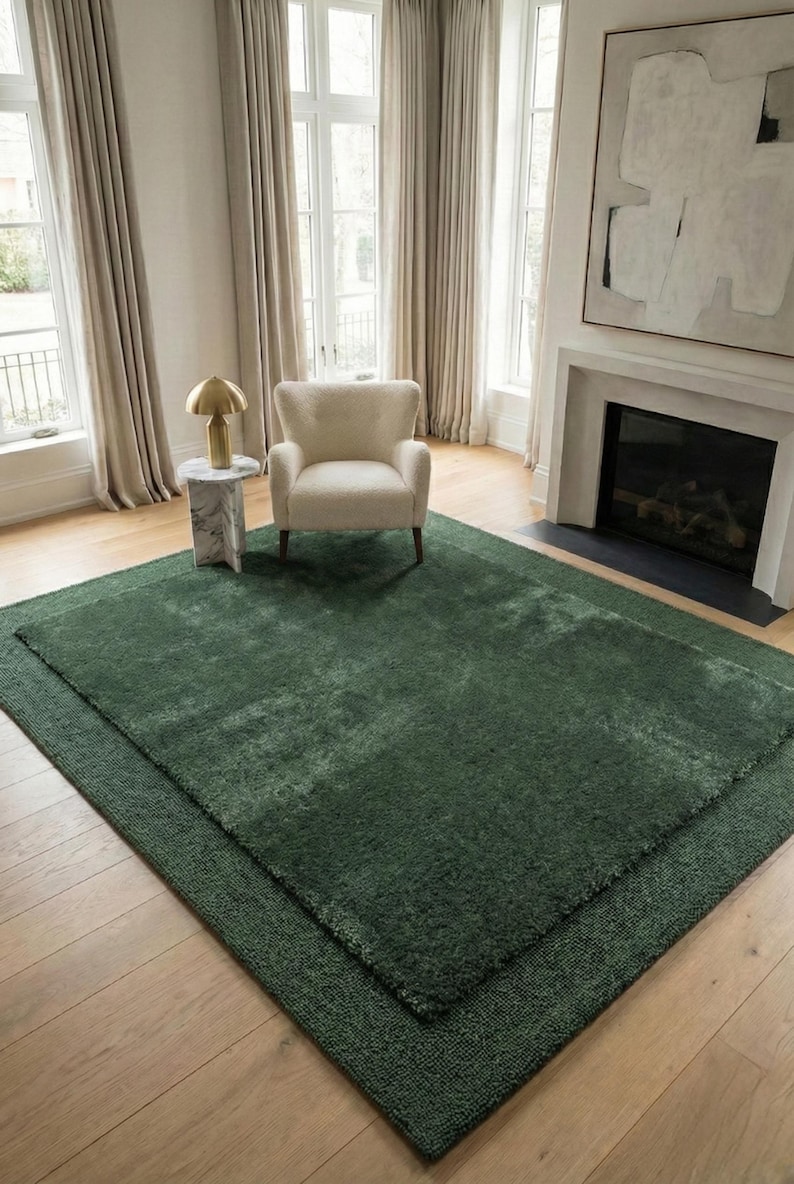 Hand Tufted Solid Forest Green Area Rug High Pile Cut & Low Pile Loop ...