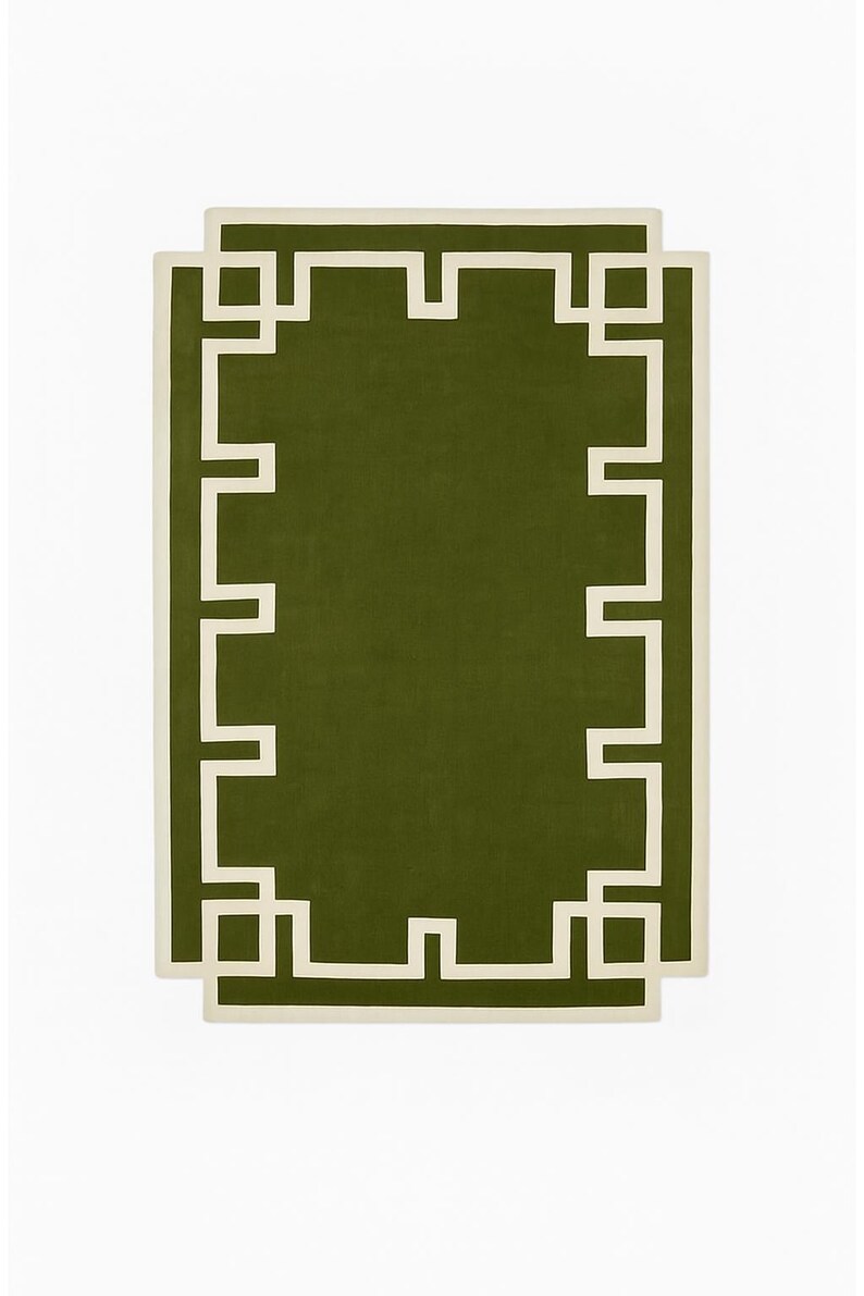 Hand Tufted Greek Key Border Rug – Modern Olive Green Geometric Carpet ...