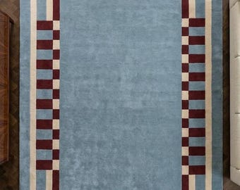 Modern Geometric Border Rug | Hand Tufted Wool Carpet in Blue & Burgundy for Living Room Bedroom| Luxury Floor Decor Custom Size 8x10 Rug
