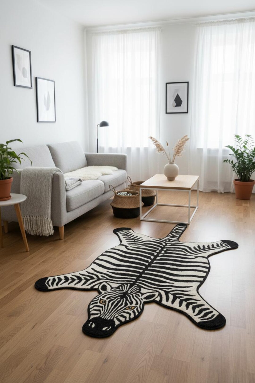 Hand Tufted Zebra Rug Wool Animal Skin Statement Rug Handmade White ...