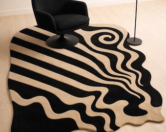 Wavy Abstract Hand Tufted Rug | Black Cream Modern Area Rug | Organic Shape Designer Rug for Living Room Bedroom Custom Size Rug 8x10 9x12