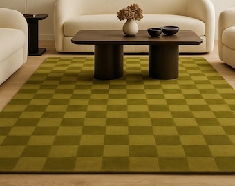 Olive Green Checkerboard Rug | Modern Textured Grid Carpet | Hand Tufted Wool Area Rug | Trendy Aesthetic Home & Japandi Decor