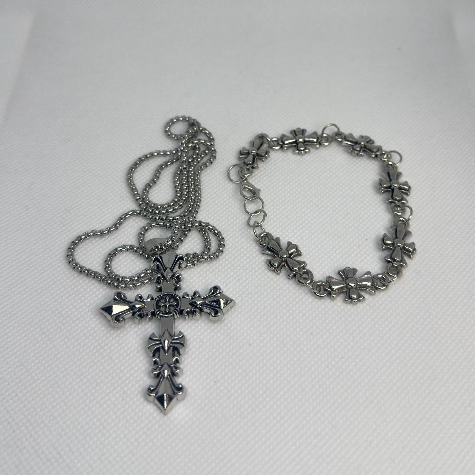 Gothic Cross Necklace & Bracelet Set | Y2K Punk Jewelry | Chrome Gothic ...