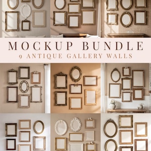 May include: A digital mockup bundle featuring nine distinct gallery wall arrangements composed of various antique-style picture frames in gold, wood, and white finishes, with the text MOCKUP BUNDLE 9 ANTIQUE GALLERY WALLS displayed in the center.