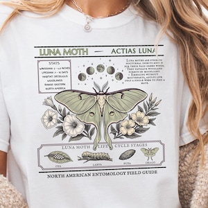 Luna Moth Vintage Field Guide Shirt, Dark Academia Botanical Tee, Linocut Entomology Gift