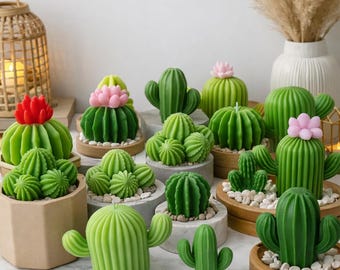 Può includere: Una collezione di candele verdi a forma di cactus, alcune con dettagli di fiori rosa e rossi. Le candele sono esposte in piccoli vasi e vassoi di legno, creando un'estetica desertica. Varie dimensioni.