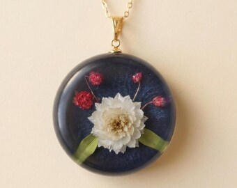 Real Flower Resin Pendant, Blue Botanical Necklace, Dried Chrysanthemum Jewelry, Nature Gift for Her