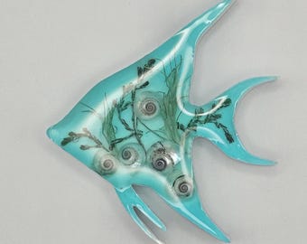 Turquoise Fish Brooch with Real Shells – Ocean Botanical Resin Pin – Coastal Jewelry