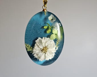 Blue Resin Flower Pendant, Botanical Necklace, Handmade Jewelry