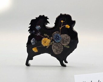Black Pomeranian Brooch – Real Pressed Flowers, Botanical Spitz Jewelry