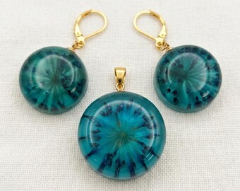 Teal Resin Jewelry Set, Real Astrantia Flower Pendant Earrings, Botanical Nature Gift