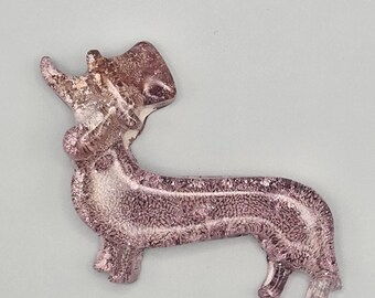 Abstract Resin Dachshund Brooch – Pink Beige Sausage Dog Pin – Unique Doxie Lover Jewelry
