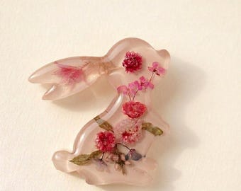 Bunny Brooch with Real Pressed Flowers, Botanical Resin Pin, Floral Animal Jewelry