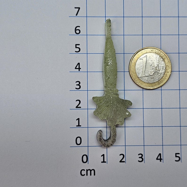 Puede incluir: Un dije de paraguas de vidrio verde claro con un asa curvada. Una moneda de un euro est&aacute; al lado del dije para comparar el tama&ntilde;o. El paraguas mide aproximadamente 2,5 cm de largo.