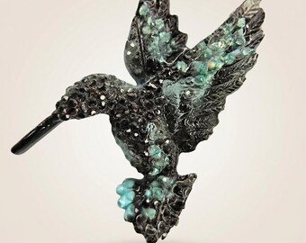 Hummingbird Brooch, Textured Resin Bird Pin, Turquoise Epoxy Jewelry, Nature Inspired Gift, Statement Brooch