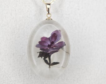 Pressed Purple Flower Resin Pendant Necklace, Botanical Jewelry