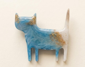 Marbled Blue Gold Resin Cat Brooch, Ocean Tones Animal Jewelry, Modern Art Pin