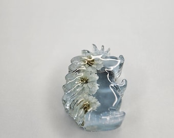 Blue Resin Hedgehog Brooch with Pressed Flowers – Woodland Botanical Animal Pin