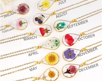 Birth Month Flower Necklace, Pressed Resin Botanical Pendant, Personalized Gift