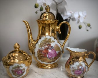 Serwis do kawy z 22-karatowego złota z Bawarii, Niemcy, 3-częściowy zestaw dla par zalotnych Fragonard – dzbanek, dzbanek do mleka, cukierniczka