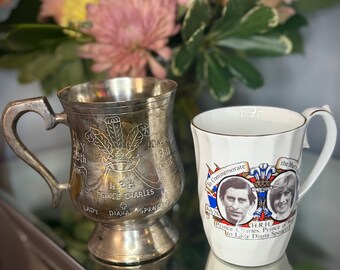 1981 Königliches Hochzeit-Präsentations-Set - Argyle Fine Bone China Becher mit Metall-Gedenkschale