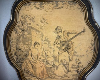 Vintage Französische Tapisserie Wandkunst 20 "x 20" Werbeszene Musikalische Serenade Verzierter Rahmen