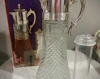 Vntg 70’s Leonard Italian Silverplate & Crystal Claret Bottle z rurką do lodu, karafka do wina 1,5 qt, szkło Diamond Point, wyprodukowano we Włoszech, IOB