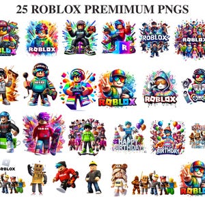 Pode incluir: Um conjunto de 25 PNG Premium do Roblox com vários personagens do Roblox em cores vibrantes. As imagens incluem personagens com fones de ouvido, controladores e o logotipo do Roblox, com o texto "Happy Birthday" em alguns.