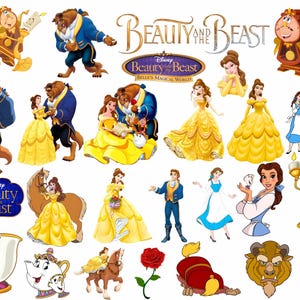 May include: A collection of Disney's Beauty and the Beast characters and imagery. Includes Belle in a yellow gown, the Beast, Lumiere, Cogsworth, and the title logo. The illustrations are colorful and whimsical.
