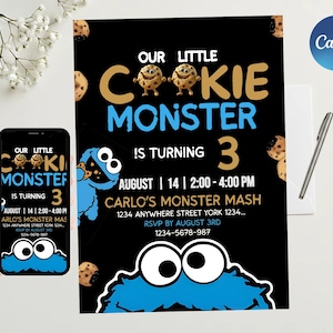 Puede incluir: Una invitación negra con el texto "Our Little Cookie Monster is Turning 3". La invitación incluye los detalles del evento: fecha, hora y lugar. Un smartphone muestra el mismo diseño de invitación.