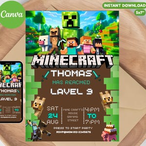 May include: A Minecraft-themed invitation with the game's logo and characters. The invitation reads "Thomas has reached Level 9" and includes party details. The design is displayed on a smartphone and a printed card.