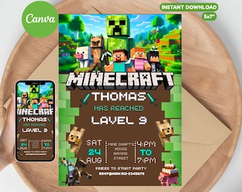 Editable Gamer Birthday Invitation, Pixel Block Party Digital Template, Kids Gaming Theme Invitation, Editable Design, Boy Birthday Card