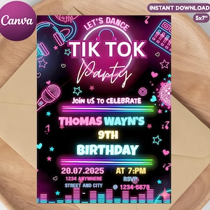 Könnte beinhalten: Eine schwarze Einladungskarte mit Neon-Design für eine Tik Tok-Party. Die Karte zeigt den Text "Let's Dance, Tik Tok Party" und Details für eine 9. Geburtstagsfeier. Die Karte ist 12,7 x 17,8 cm groß.