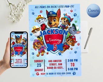 Editable Puppy Patrol Birthday Invitation| Paw-ty Birthday Invitation Template| Boys & Girls Party Invite| Canva Template | Instant Download