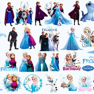 Può includere: Una collezione di immagini colorate con i personaggi del film Disney "Frozen". Le immagini includono Elsa, Anna, Olaf, Kristoff e Sven. Le immagini sono in varie pose e ambientazioni, con il logo "Frozen" e auguri di compleanno.