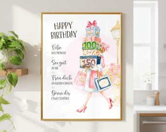 Birthday Money Gift Holder | Printable Cash Birthday Present | Woman with Shopping Boxes | Instant Download