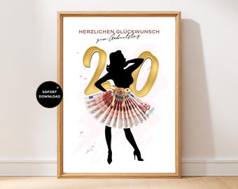 Printable Money Gift for Woman Celebrating 20th Birthday | Geldgeschenk zum 20. Geburtstag