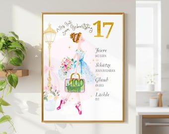 17th Birthday Money Gift Holder | Printable Cash Gift Poster | Girl with Bag | Instant Download