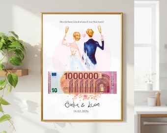 Cadeau de mariage personnalisé en argent avec noms et date pour les jeunes mariés à imprimer