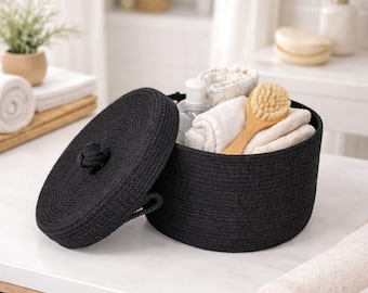 Schwarzer Aufbewahrungskorb mit Deckel aus Baumwollseil, skandinavischer Organizer für Zuhause, gewebt, Kinderzimmer, Wohnzimmer & Schlafzimmer, Boho-Dekoration