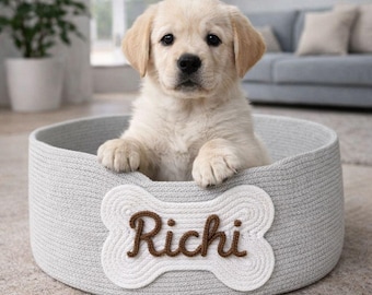 Personalisiertes Hundebett mit Namen, individueller Hundekorb, gemütliches Welpenbett, Indoor-Bett für kleine und mittelgroße Hunde, Geschenk für Hundeliebhaber, waschbares Nestchen
