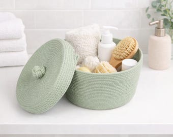 Runder Seilkorb mit Deckel, Badezimmer im skandinavischen Stil, minimalistischer Aufbewahrungsorganizer, Badezimmerdeko im Boho-Stil, Organizer für Badezimmeraccessoires