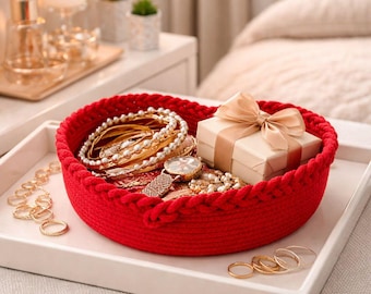 Herzförmiger Korb, Valentinstagsgeschenk für Sie, Schmuckaufbewahrung, handgefertigter Korb aus rotem Baumwollseil, Geschenk für Freundin, Ehefrau, Frauen