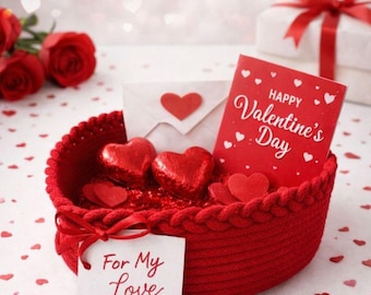 Herzförmiger Aufbewahrungskorb, Valentinstagsgeschenk für Sie, romantisches Geschenk für Ihre Liebste, handgefertigter Korb aus Baumwollseil, Wohnaccessoire