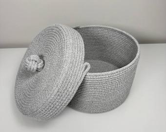 Baumwollseilkorb mit Deckel, Aufbewahrungsorganizer für Zuhause, handgefertigte Raumdekoration, runde Organizer-Schale, Einzugsgeschenk