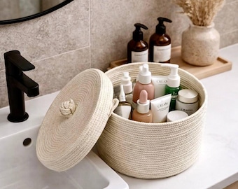 Kosmetik-Organizer-Korb mit Deckel, Aufbewahrung aus Baumwollseil für Kosmetikartikel und Badezimmerutensilien, minimalistischer Schminktisch-Organizer, Einzugsgeschenk