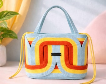 Handmade Cotton Rope Handbag, Top Handle Purse, Structured Shoulder Bag, Colorful Woven Bag, Gift for Women