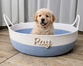 Personalisiertes Haustierbett aus Baumwollseil, Korb für Katzen und kleine Hunde, handgefertigtes, gemütliches Haustierbett mit Ohrengriffen, Geschenk für Tierliebhaber